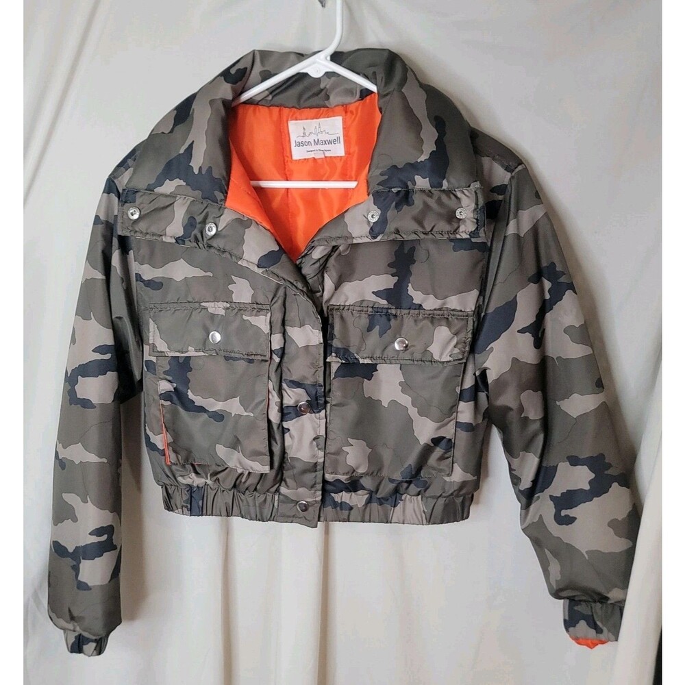 Jason Maxwell Camo Cropped Puffer Jacket Womens Small Orange Lined Snap Front